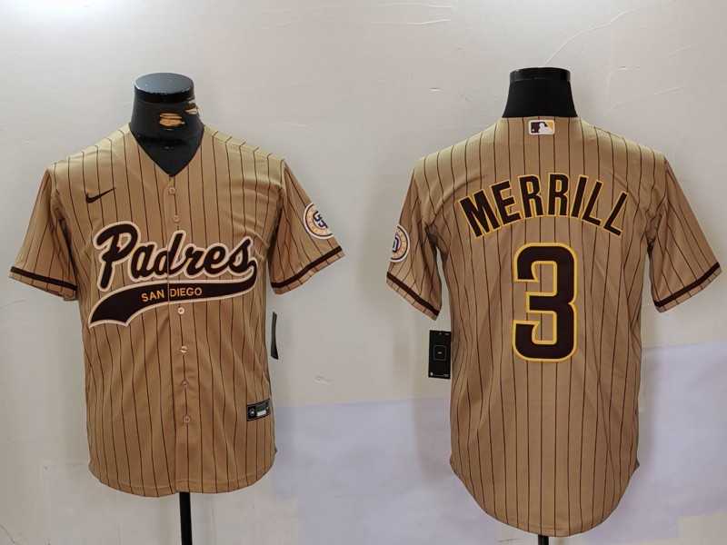 Mens San Diego Padres #3 Jackson Merrill Tan 2023 Cool Base Stitched Jersey